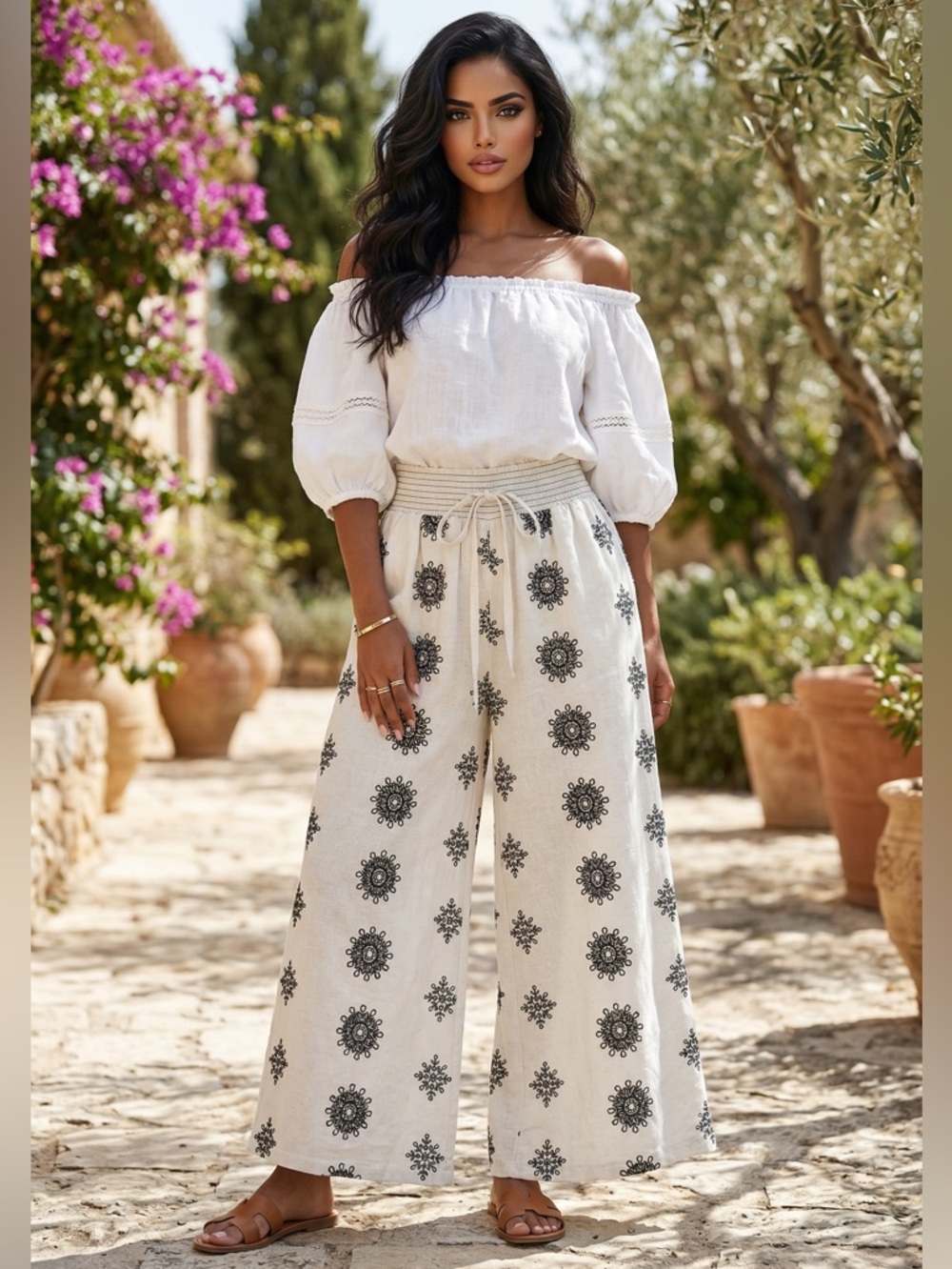 New With Tags Boho Chic Cream Wide Leg Embroidered Pants
